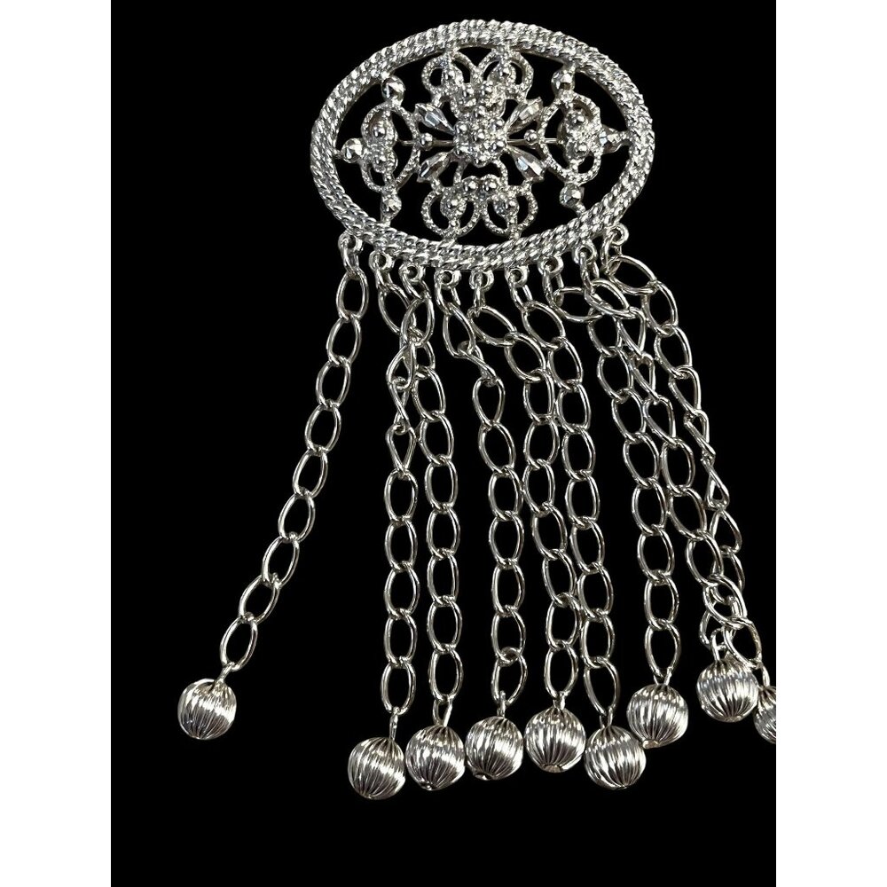 1969 Vintage Sarah Coventry Silver Brooch With Dangling Chains & Rhinestone Acce